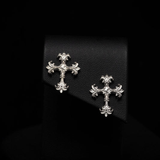 Ornate Cross Studs - Silver