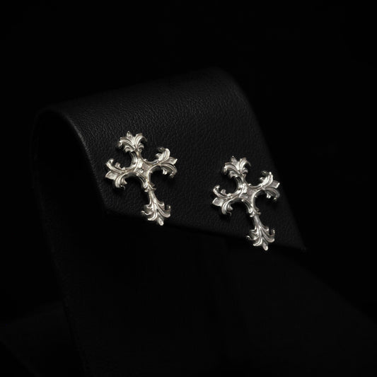 Ornate Cross Studs - Silver